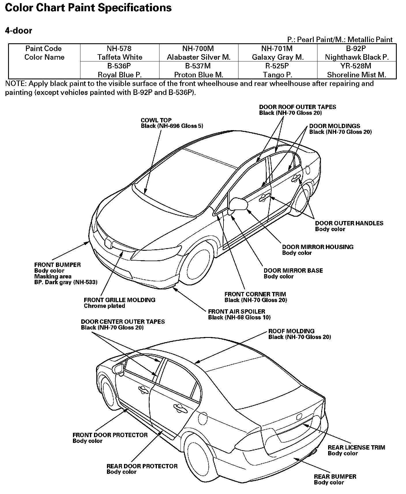 Color Chart Paint Specifications — 2010 Honda Civic L4-1.8l Service 